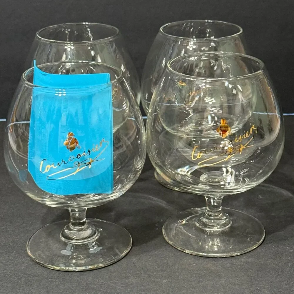 x4 Vintage Courvoisier Cognac Brandy Balloon Snifter Stemmed Glasses Gold Logo
